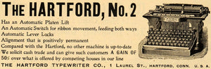 1897 Ad Hartford Typewriter Co. Writing Machine CT - ORIGINAL ADVERTISING SCA2