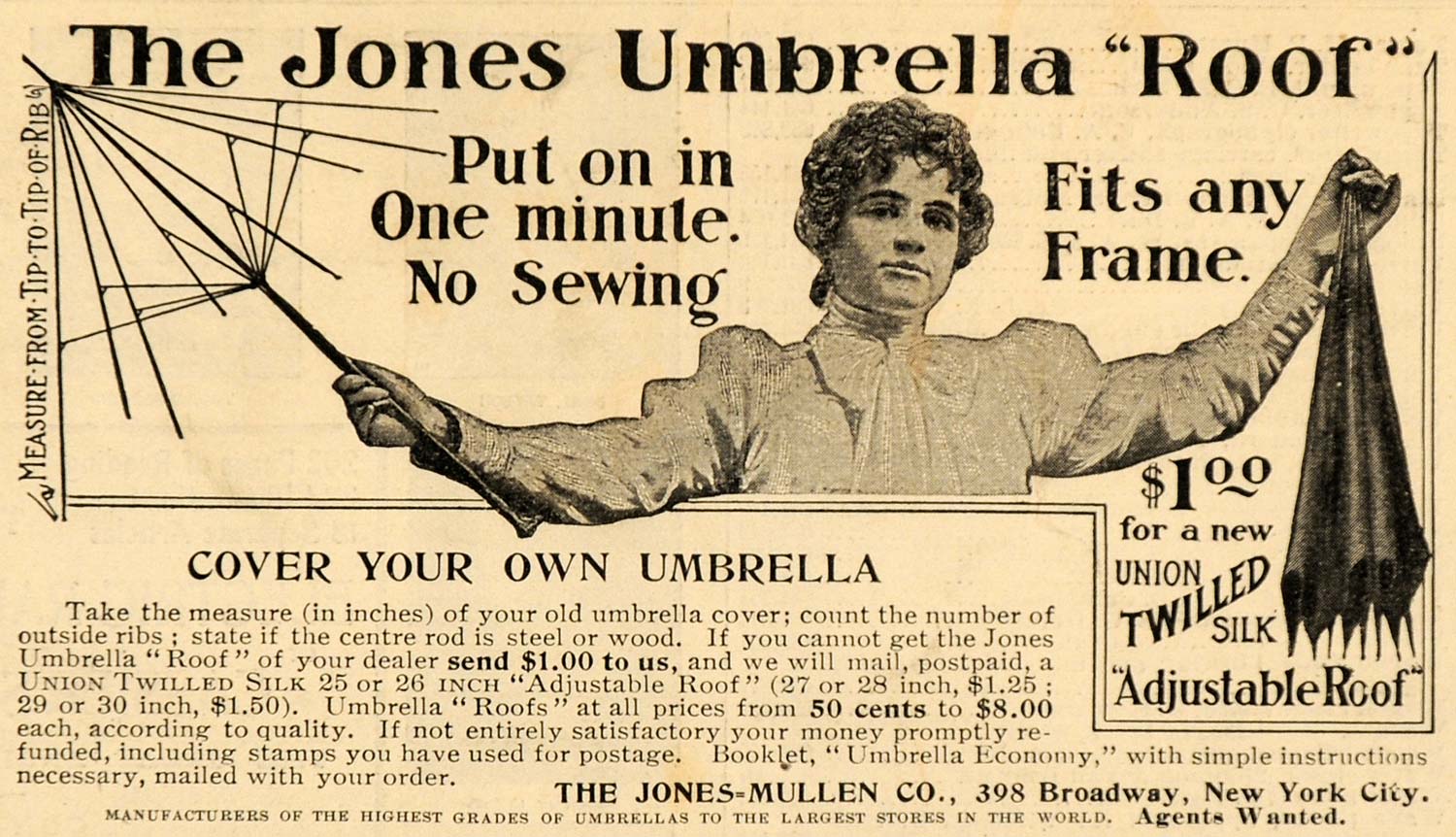 1899 Ad Jones-Mullen Co. Umbrella Silk Adjustable Roof - ORIGINAL SCA2