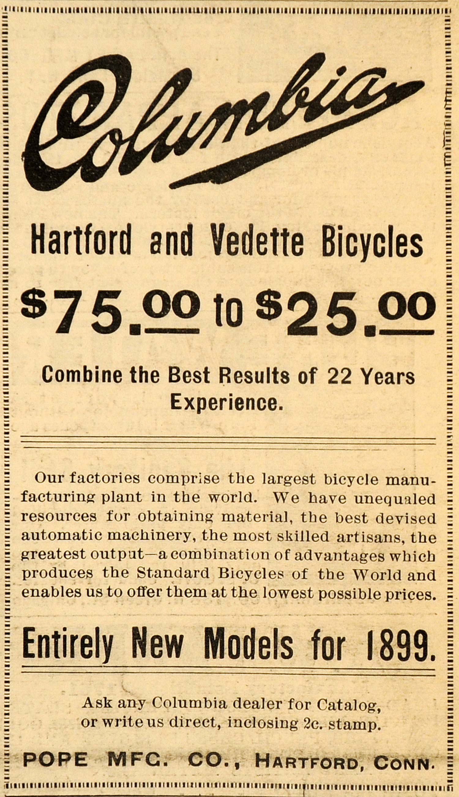 1899 Ad Antique Pope Columbia Vedette Bicycles Hartford Connecticut Bikes SCA2