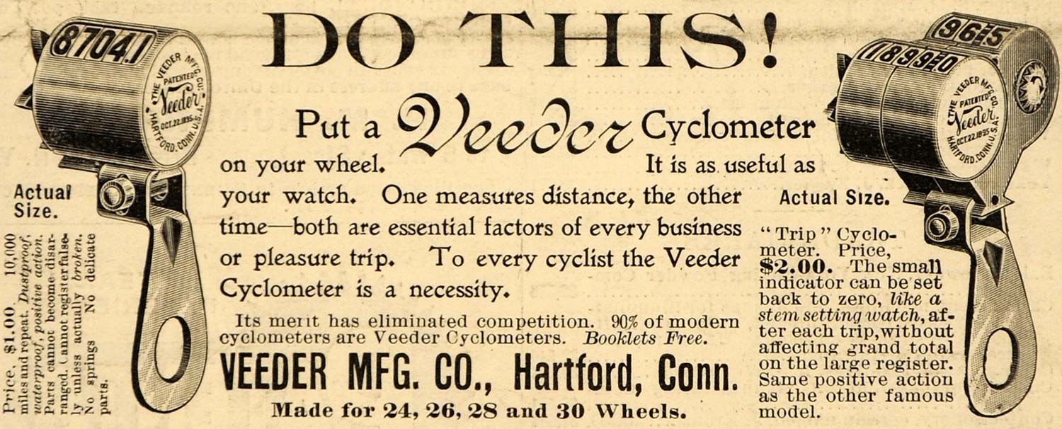 1899 Ad Veeder Mfg Co. Cyclometer Tools Hartford CT - ORIGINAL ADVERTISING SCA2