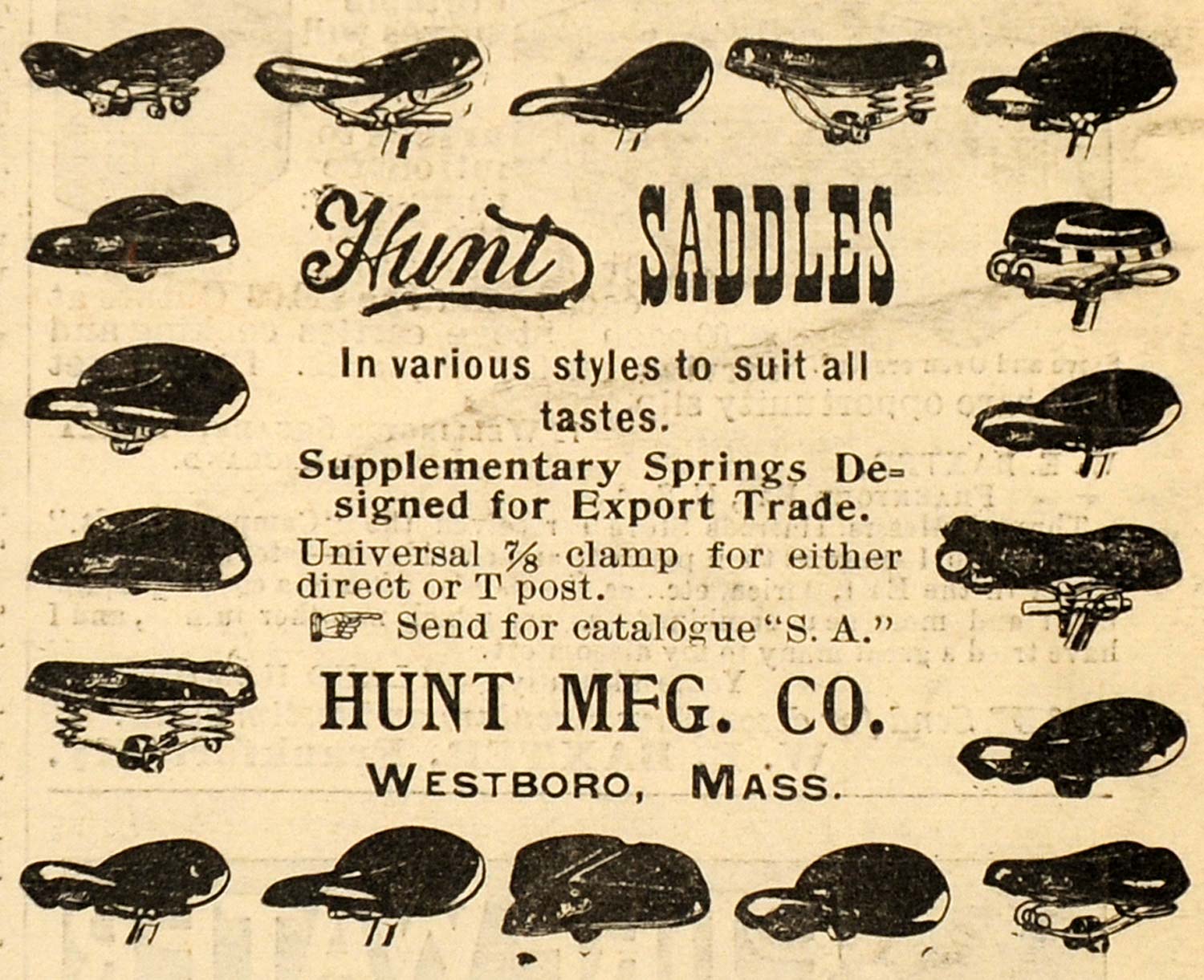 1899 Ad Hunt Manufacturing Co. Saddles Bicycles Parts - ORIGINAL SCA2