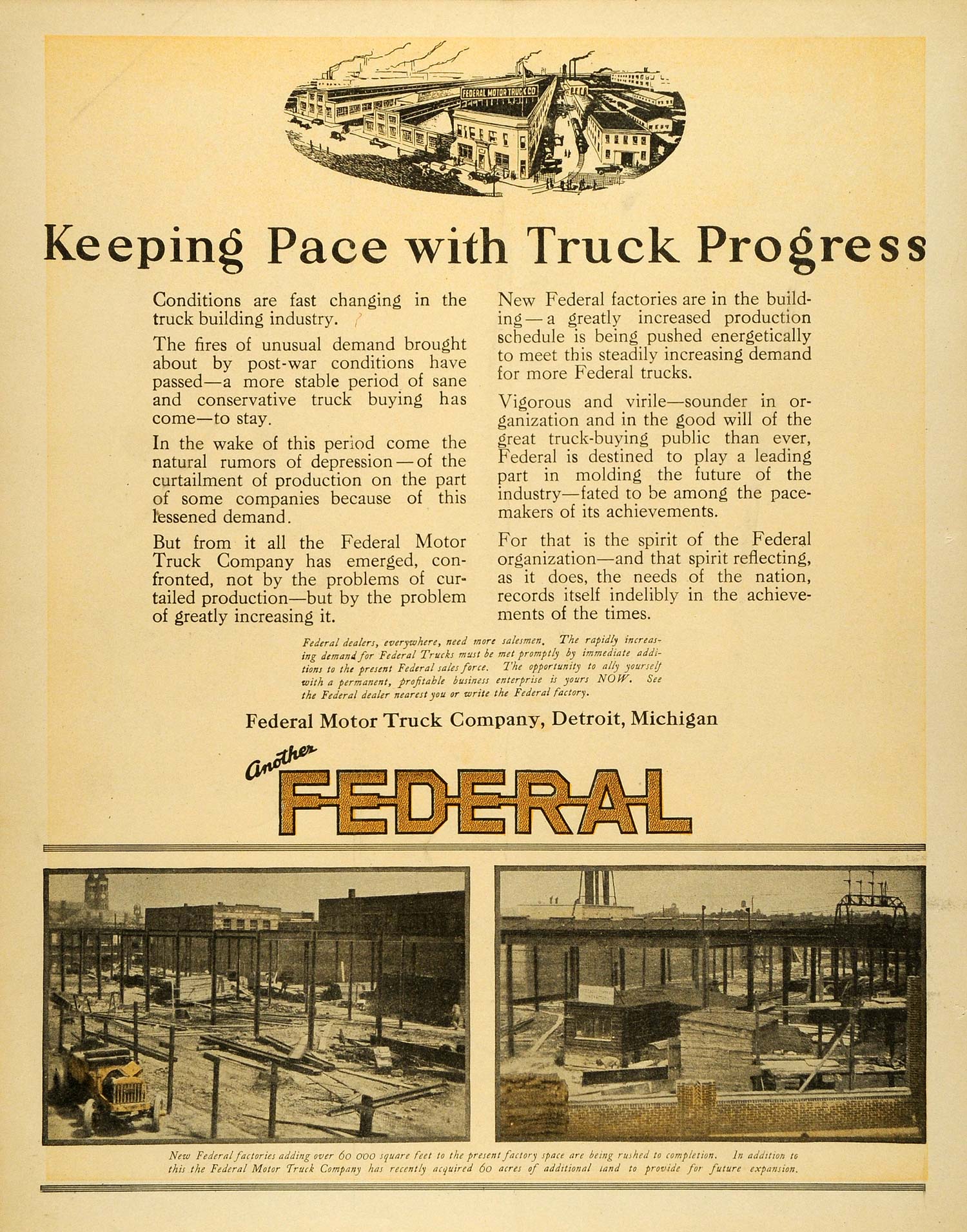 1920 Ad Federal Motor Truck Detroit Michigan Construction Factory Industry SCA3