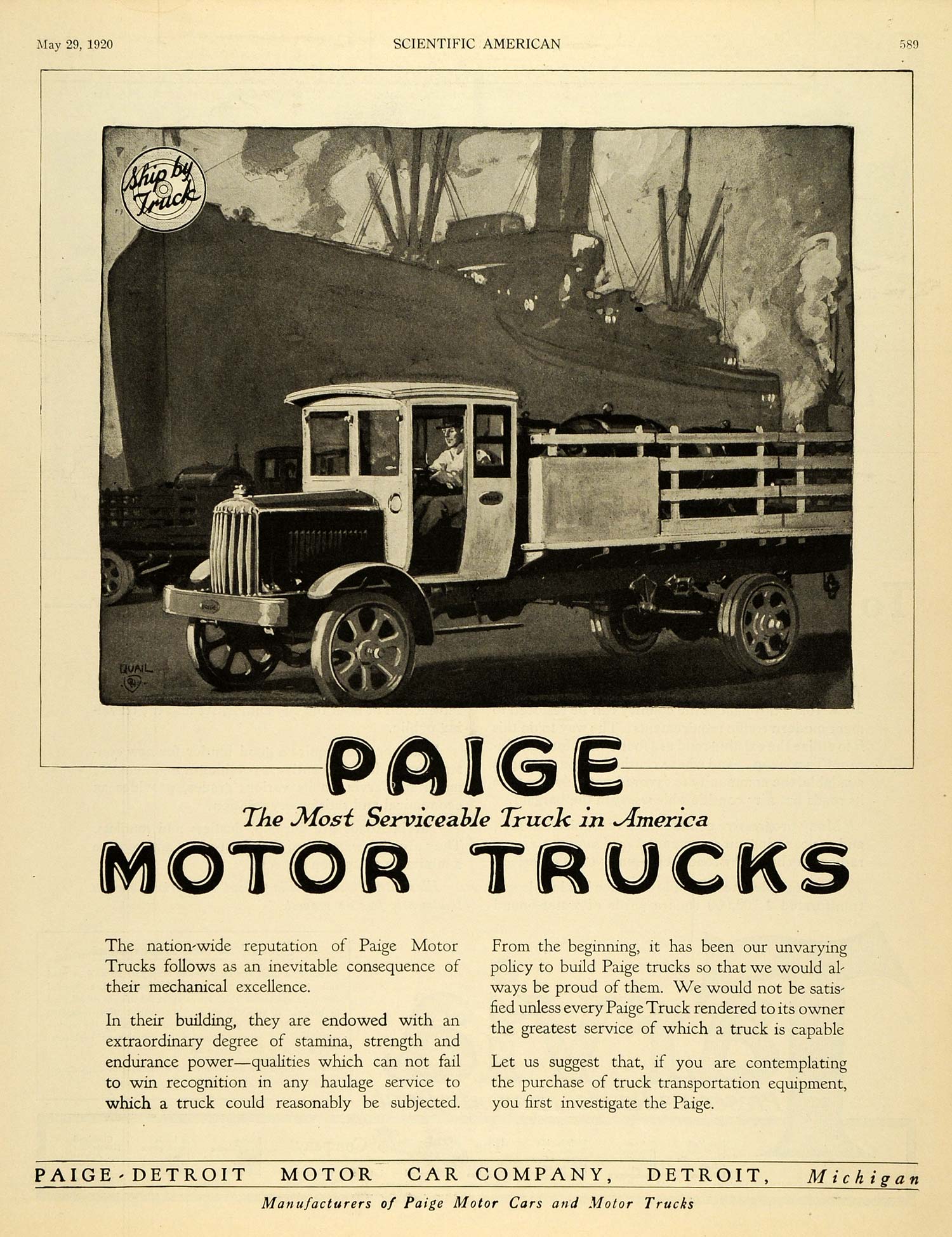 1920 Ad Commercial Transportation Seaport Cargo Paige Motor Truck Motor SCA3