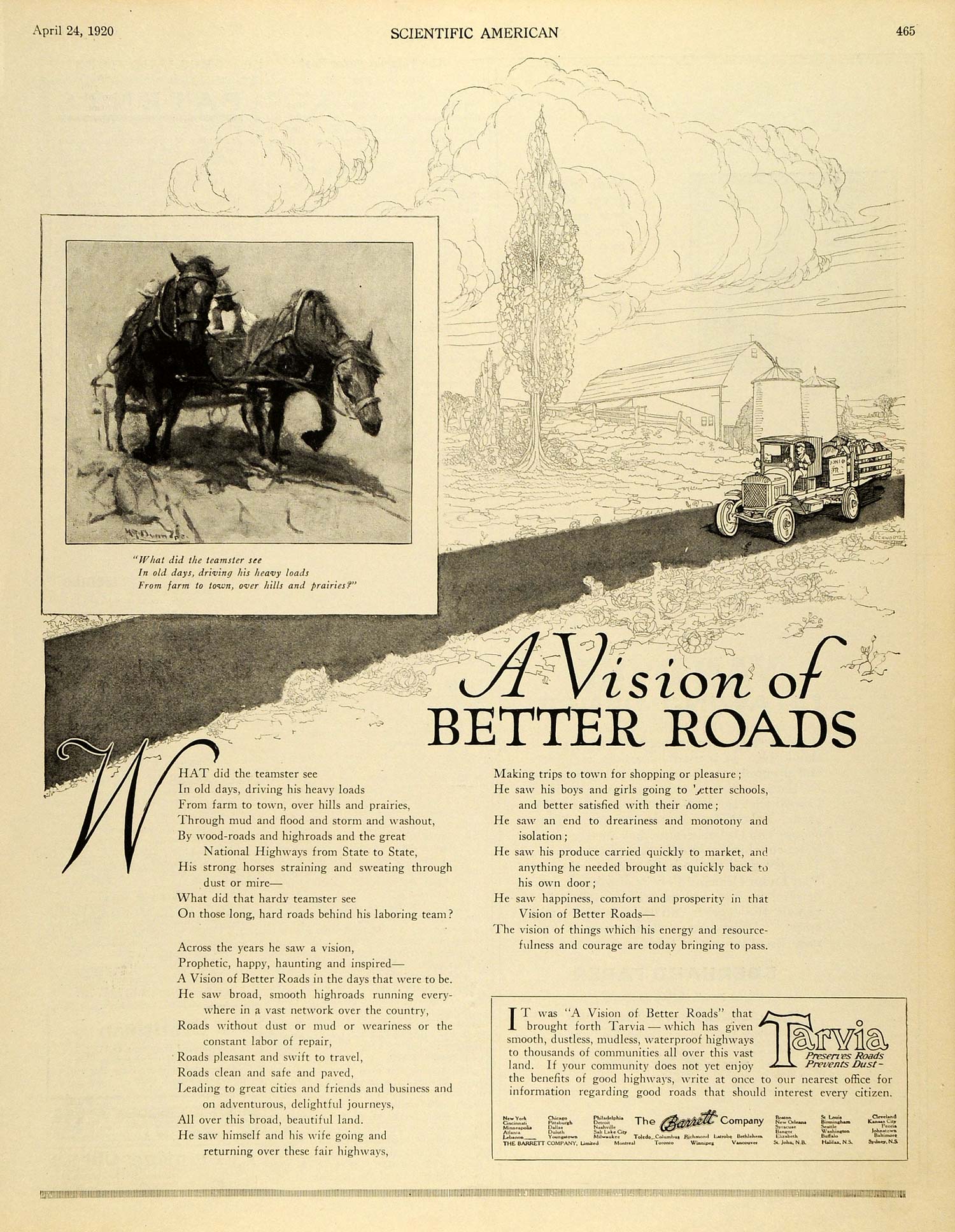 1920 Ad Barret Co Tarvia Countryside Teamster Wagon Horse Barn Road Rural SCA3
