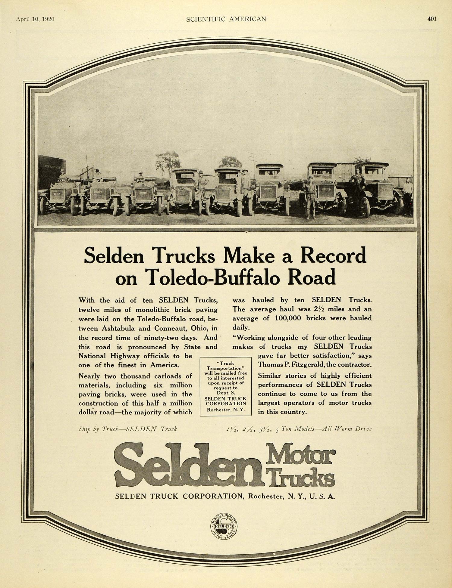 1920 Ad Vintage Motor Trucks Selden Toledo-Buffalo Road Rochester NY SCA3