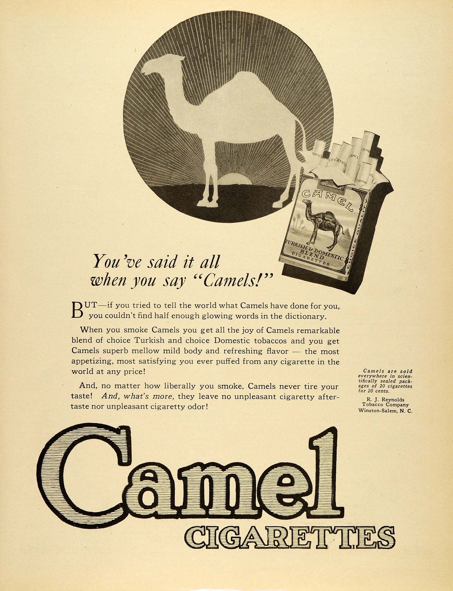 1920 Ad North Carolina Winston-Salem Cigarettes Camels R J Reynolds Tobacco SCA3
