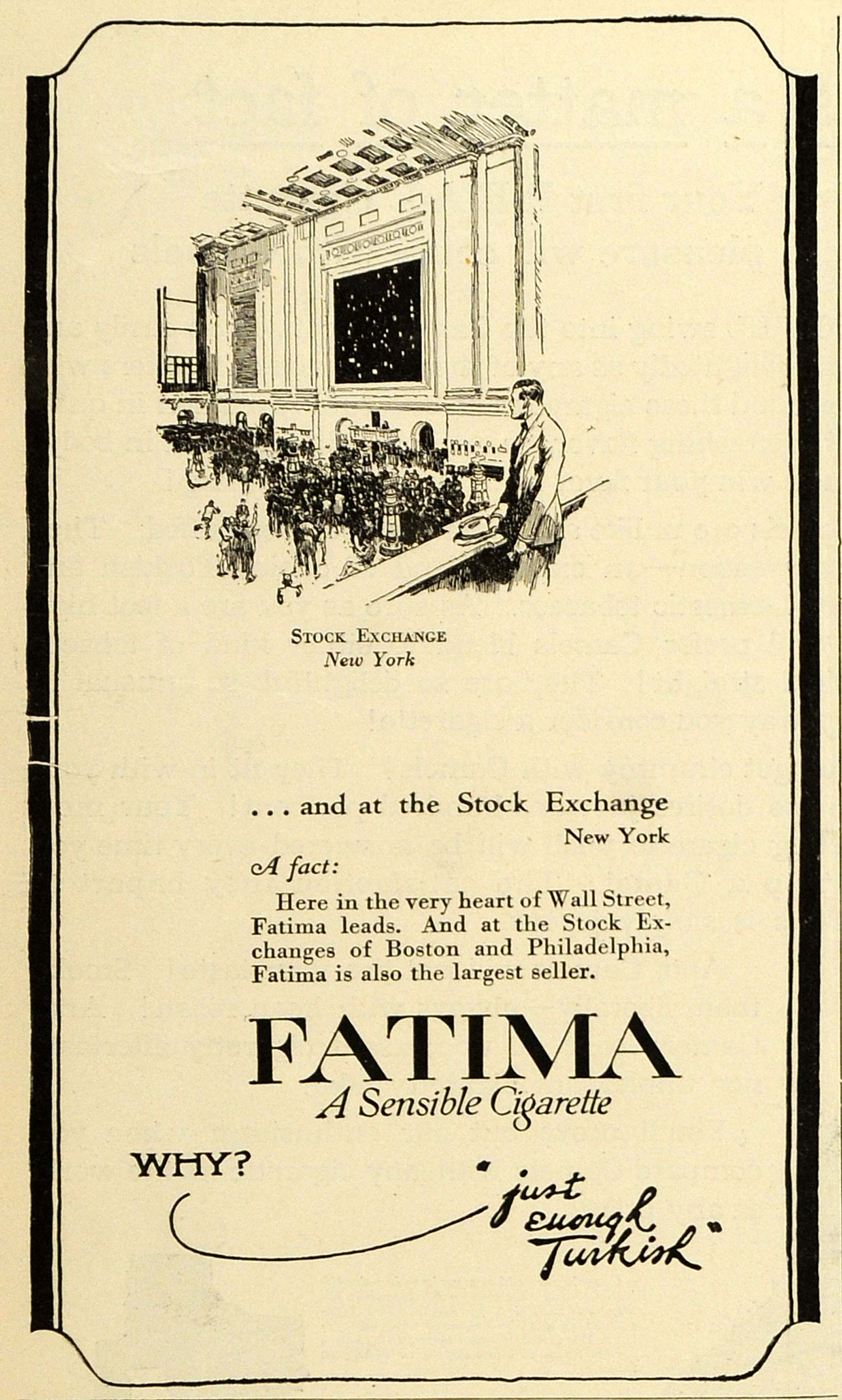 1920 Ad Fatima Cigarettes Stock Exchange New York Turkish Tobacco Products SCA3