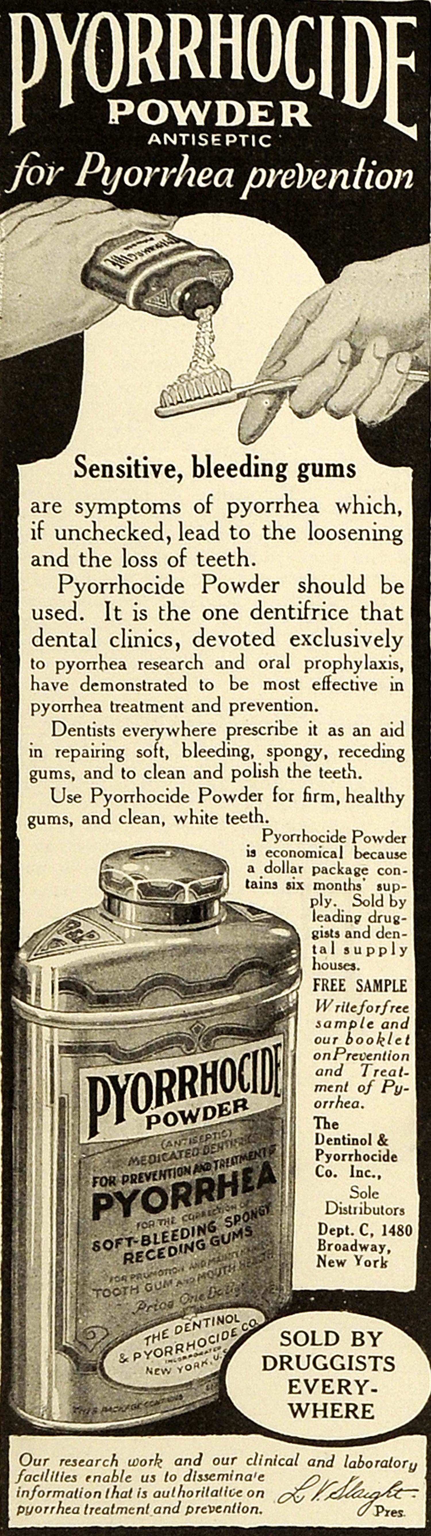 1920 Ad Pyorrhocide Powder Bleeding Spongy Receding Gums Dentinol Dental SCA3