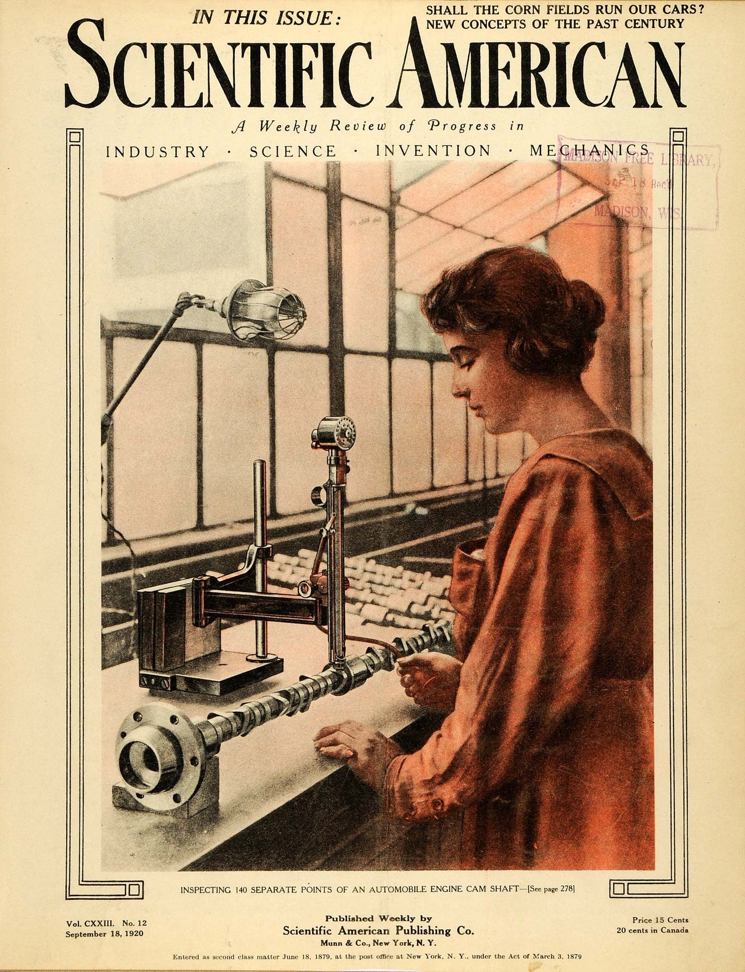 1920 Cover Scientific American Invention Woman Worker Inspecting Auto SCA3