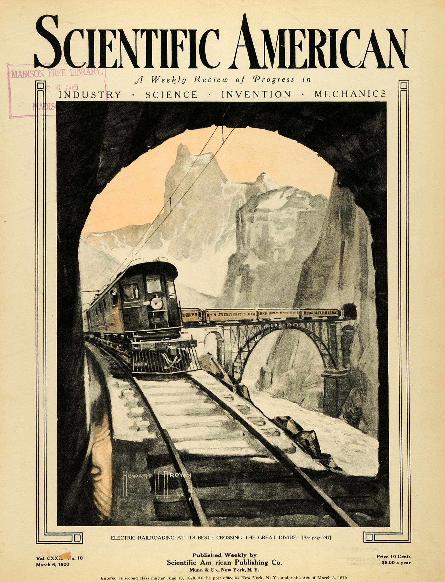 1920 Cover Scientific American Electric Train Railroad Bridge Continental SCA3
