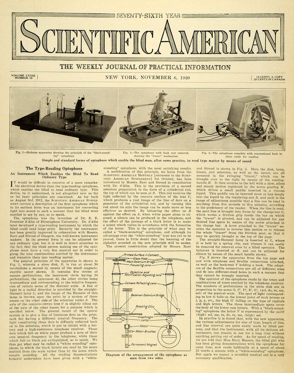 Optophone 1920 Article Optophone Skeleton Device Blind Reading Optacon E Fournie ...