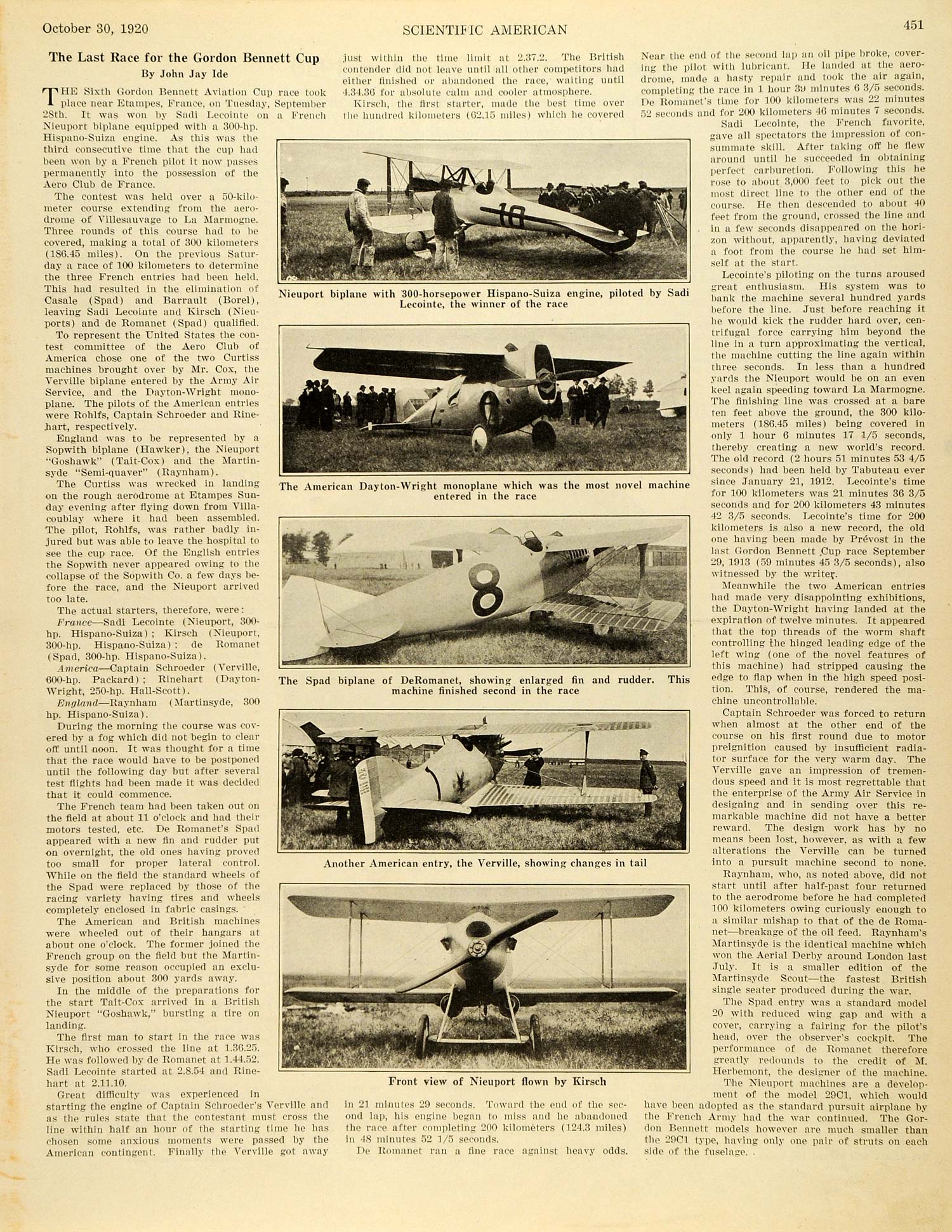 1920 Article Sixth Race Gordon Bennett Cup Biplane Nieuport Sadi Lecointe SCA3