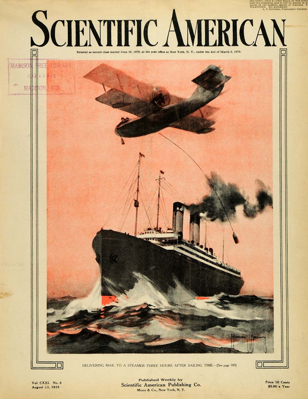 1919 Cover Scientific American Magazine Steamer Ship Biplane Vintage Mail SCA3