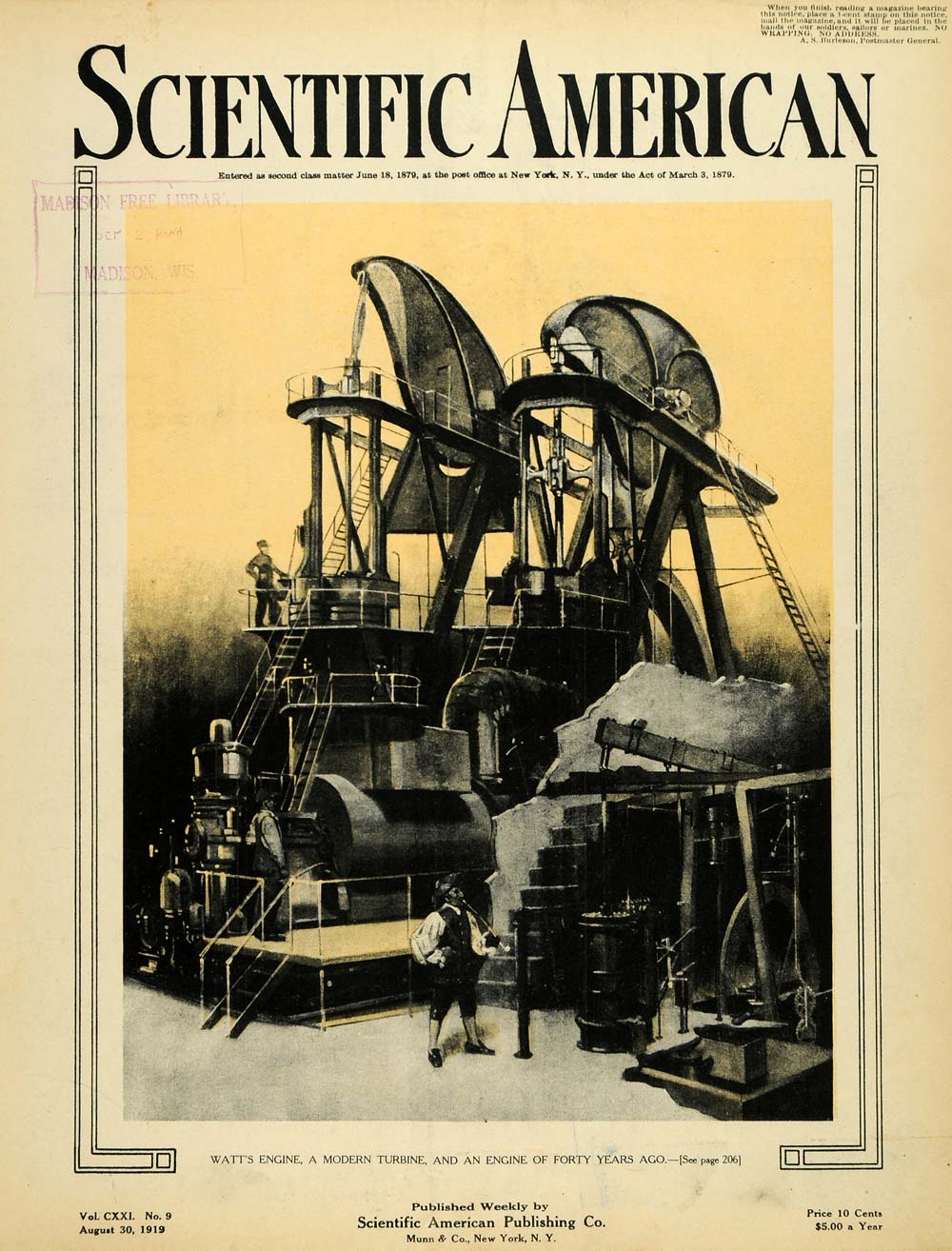 1919 Cover James Watt Inventor Engine Turbine Scientific American Magazine SCA3