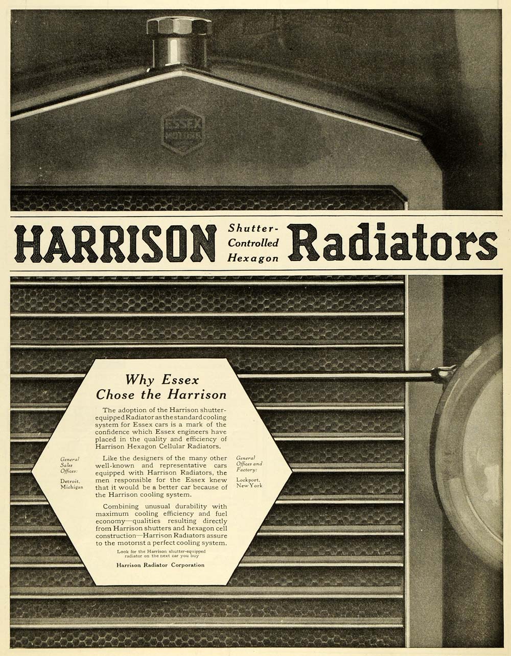1919 Ad Harrison Shutter Controlled Hexagon Radiators Cooling System Essex SCA3
