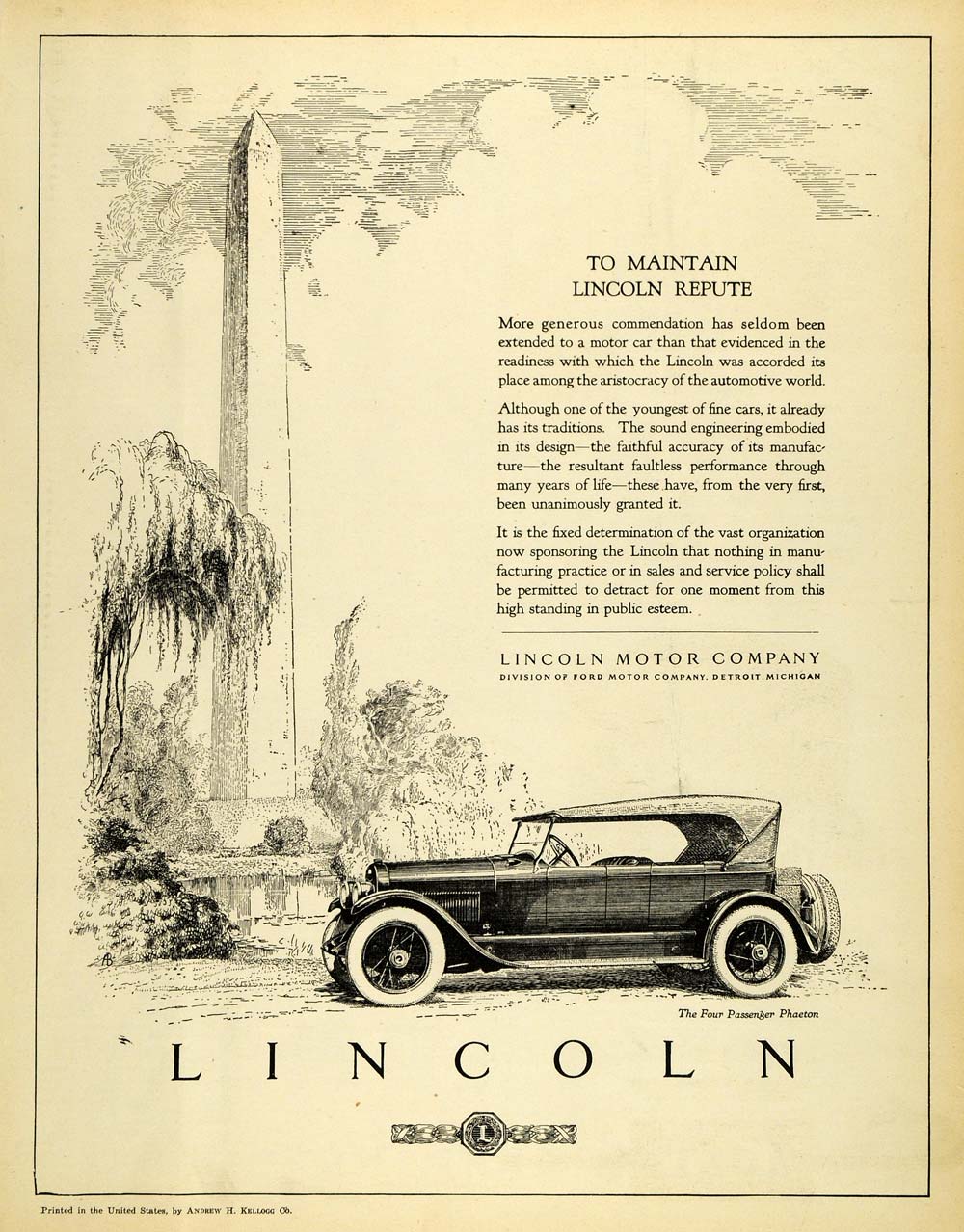 1923 Ad Lincoln Motor Detroit Ford Michigan Washington Monument Phaeton Car SCA3
