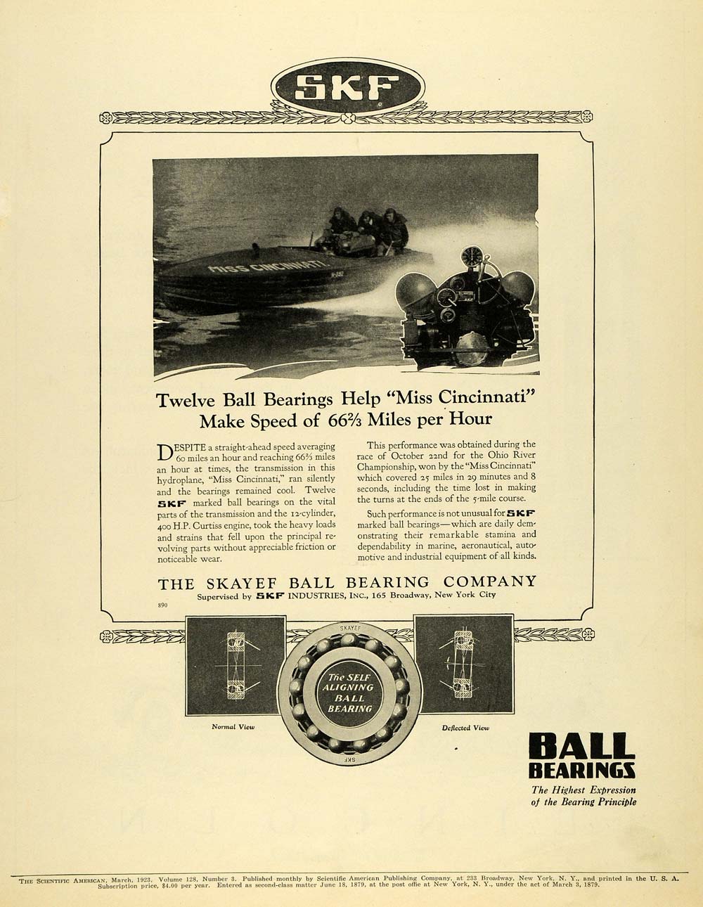 1923 Ad SKF Ball Bearings Skayef Industries Cincinnati Ohio Plane Engine SCA3