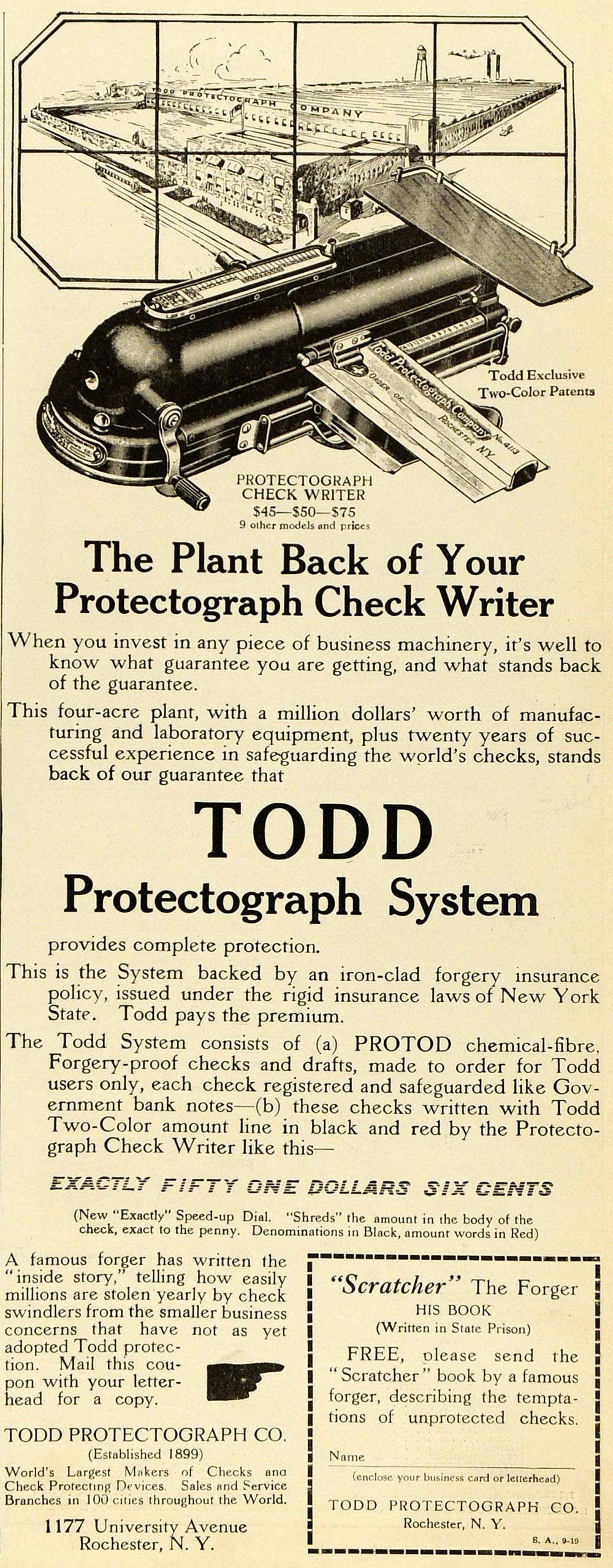 1919 Ad Todd Protectograph System Check Writer Rochester New York Model SCA3
