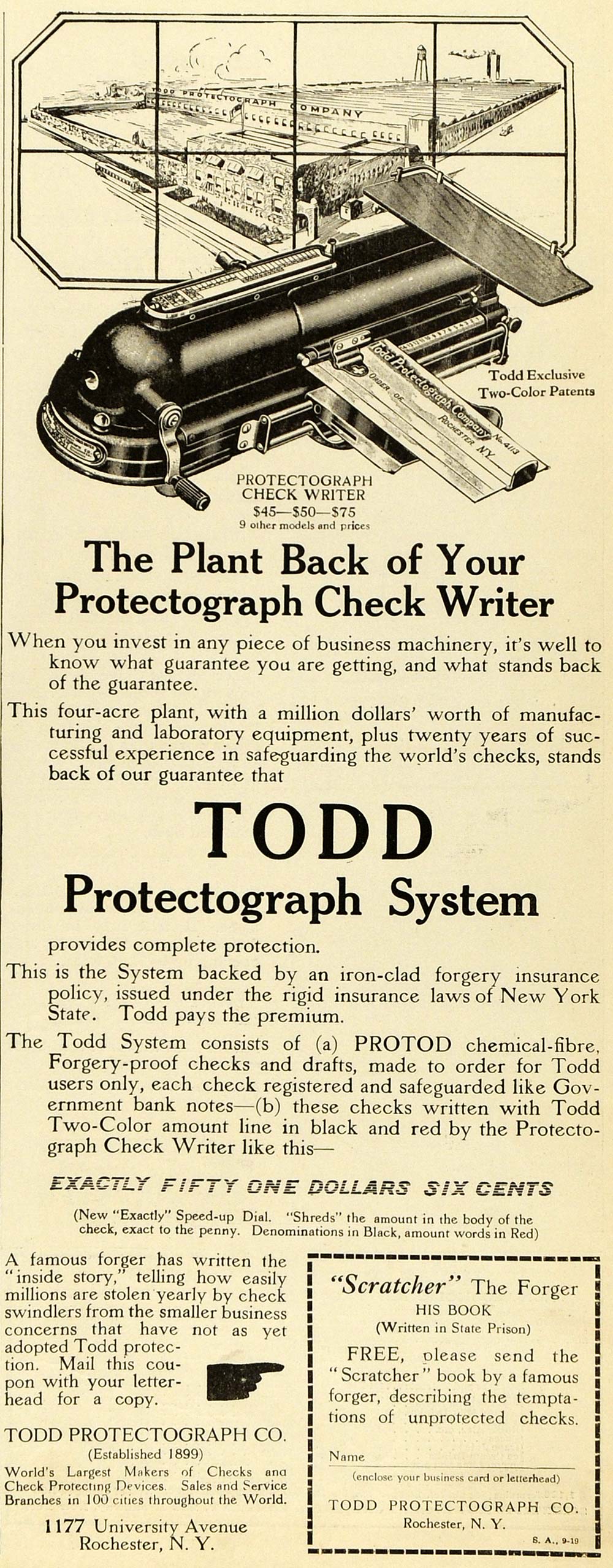 1919 Ad Todd Protectograph System Check Writer Rochester New York Model SCA3