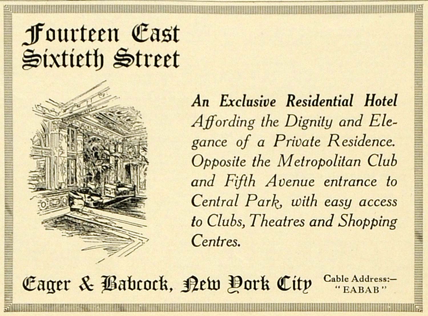 1922 Ad Eager Babcock Hotel Metropolitan Club Central Park Theatre Shopping SCA3