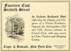 1922 Ad Eager Babcock Hotel Metropolitan Club Central Park Theatre Shopping SCA3