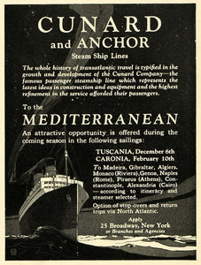 1922 Ad Cunard Anchor Steamship Line Mediterranean Ship Boat Cruise Travel SCA3