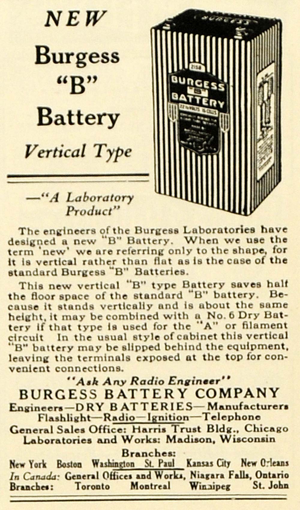 1923 Ad Burgess B Battery Dry Madison Wisconsin Chicago Radio Engineer SCA3