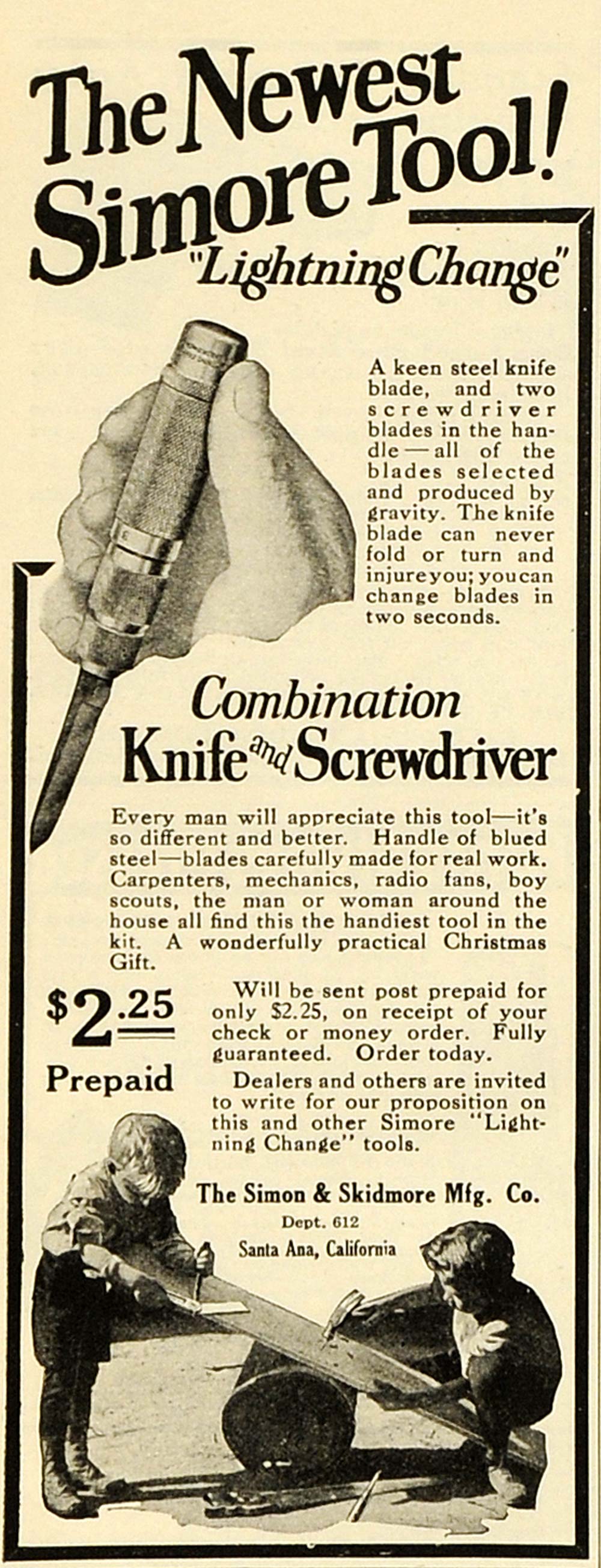 1923 Ad Simore Tool Knife Screwdriver Simon Skidmore Santa Ana California SCA3