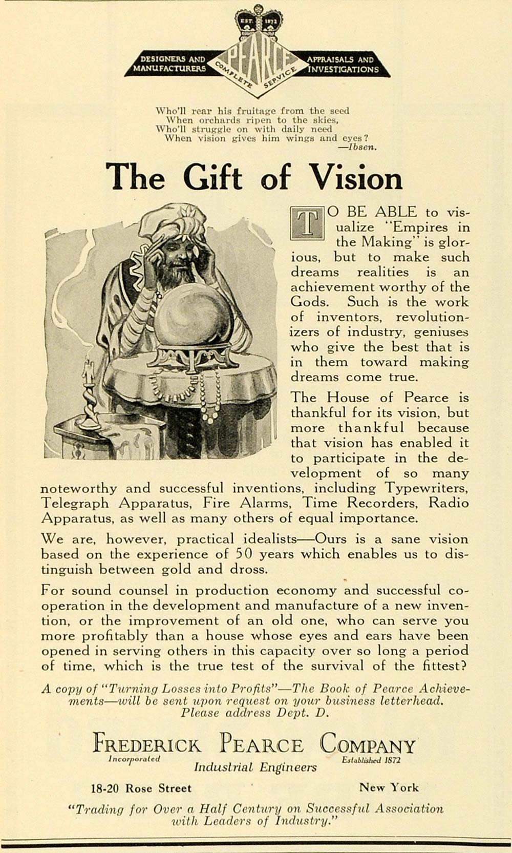 1923 Ad Frederick Pearce Vision Empire House Engineer Crystal Ball SCA3