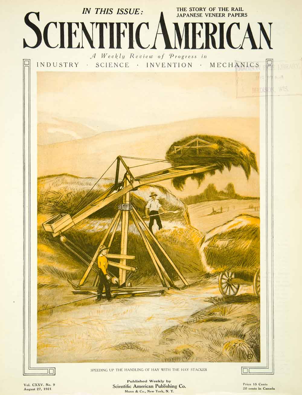 1921 Cover Scientific American Magazine Hay Stacker Field Farmers SCA4