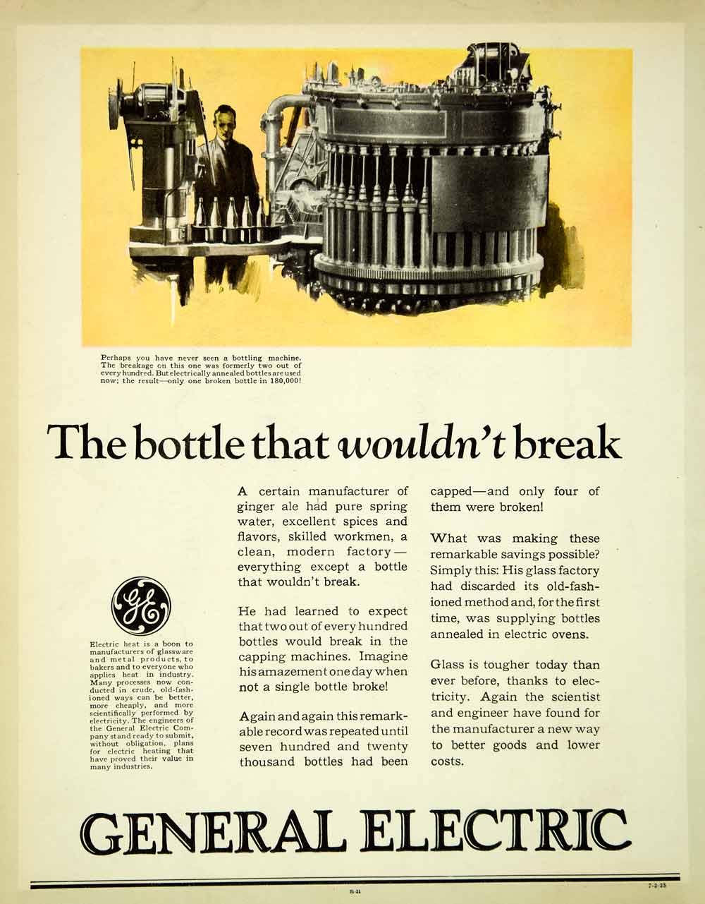 1925 Ad General Electric Bottle Manufacturing Ginger Ale Machine Worker SCA4