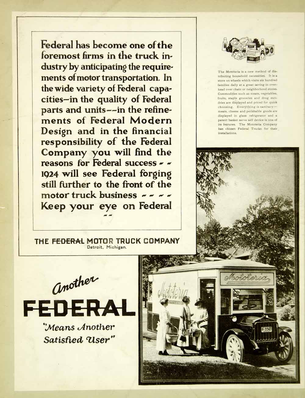 1924 Ad Federal Motor Truck Detroit Michigan Mototeria Groceries Industry SCA4