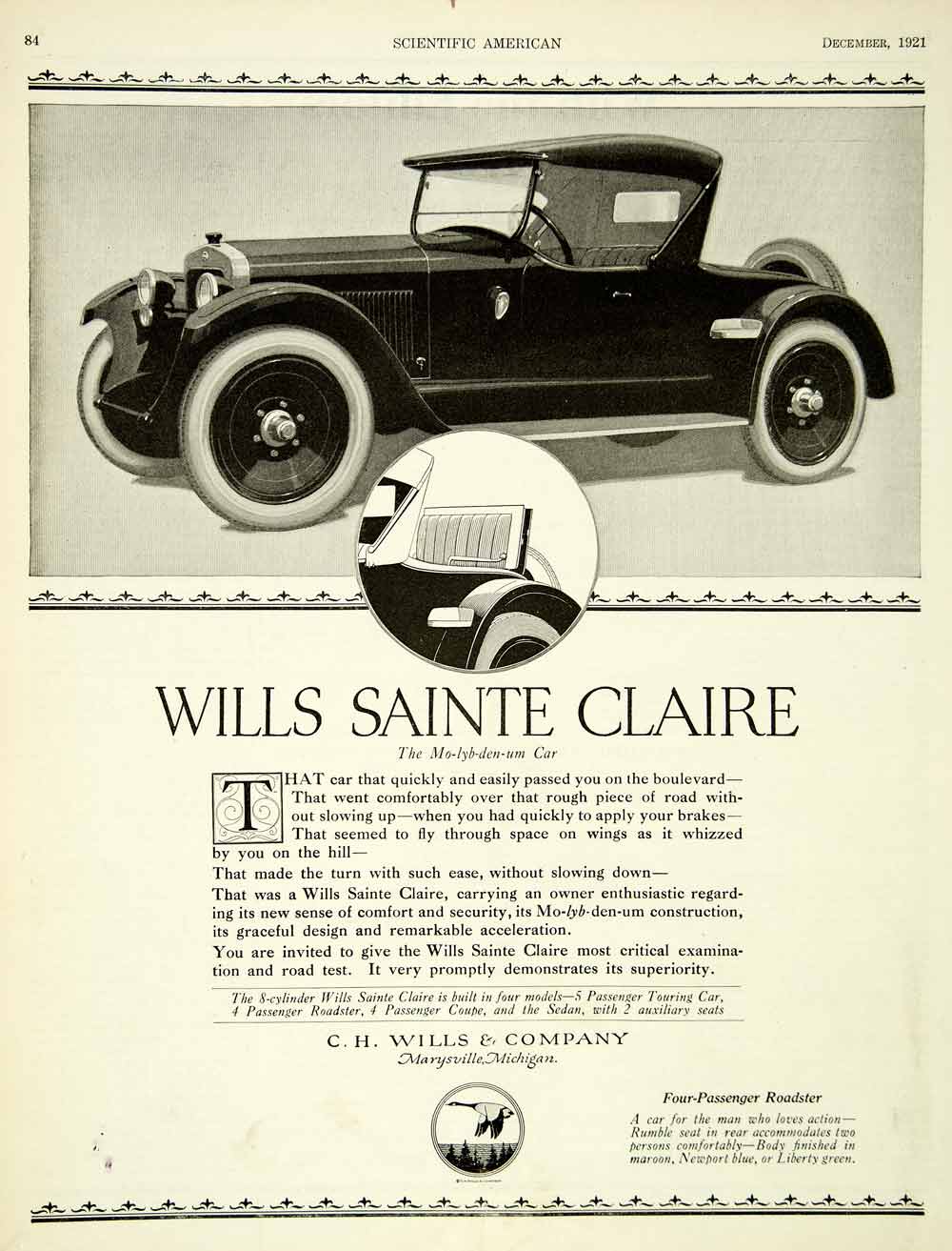 1921 Ad Wills Sainte Claire Roadster Molybdenum Car Automobile Marysville SCA4