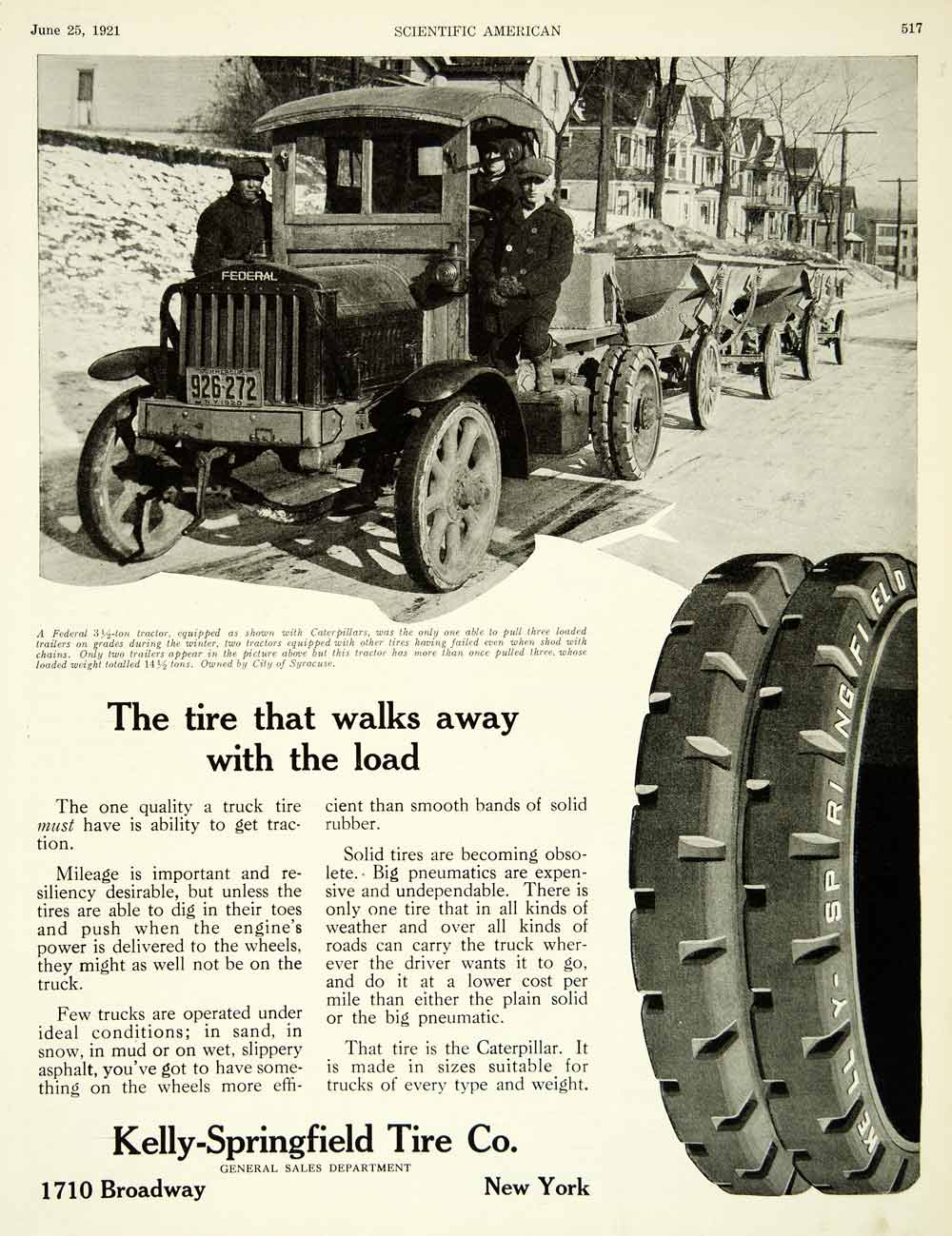 1921 Ad Kelly Springfield Tractor Tires Caterpillars Wheels Automobile SCA4