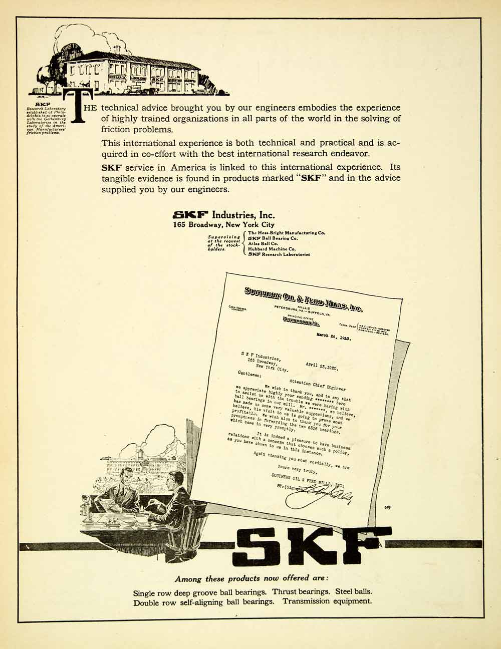 1921 Ad SKF Industries Ball Bearings Swedish New York Thank You Letter Feed SCA4