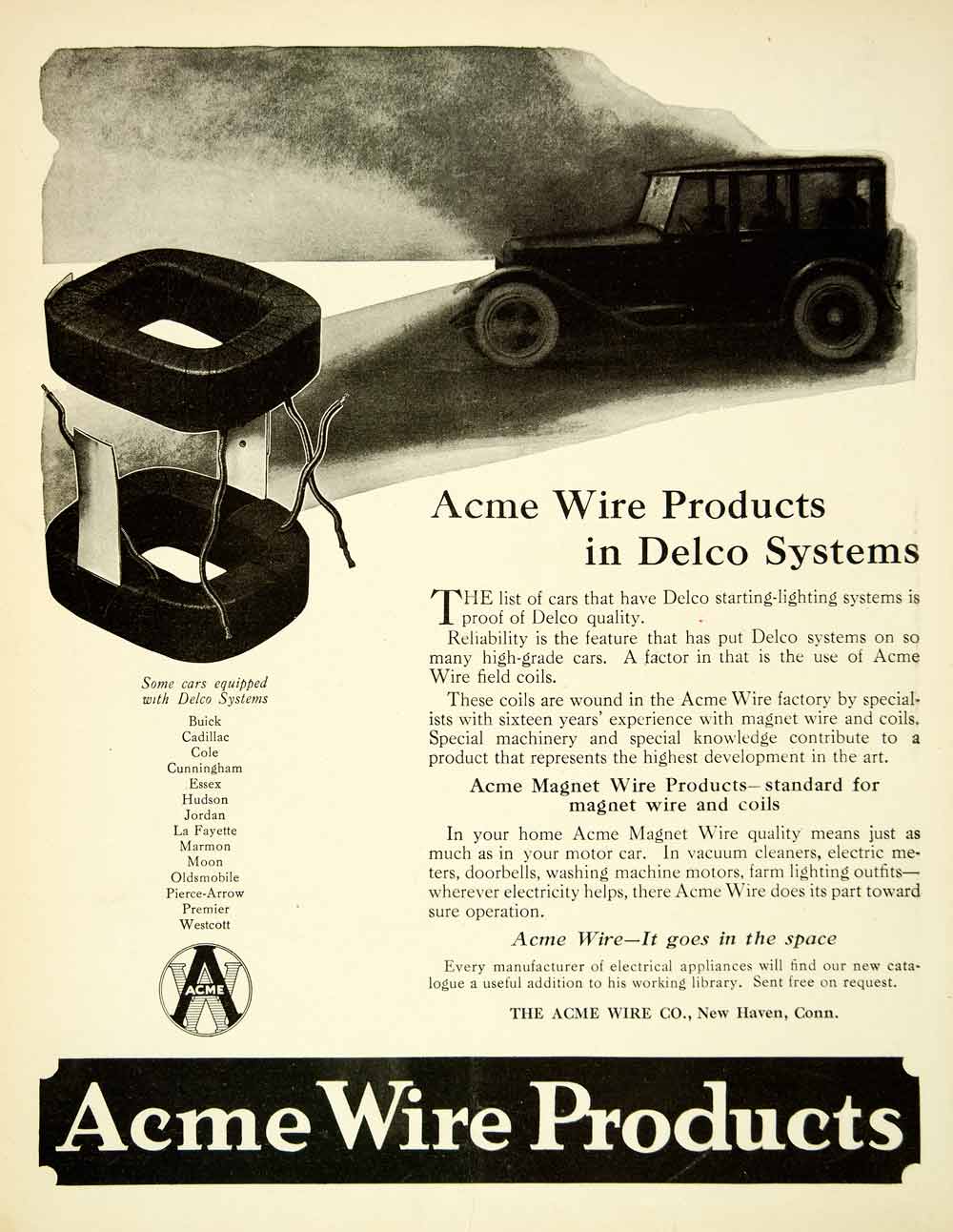 1921 Ad Acme Magnet Wire New Haven Connecticut Delco Systems Coils SCA4