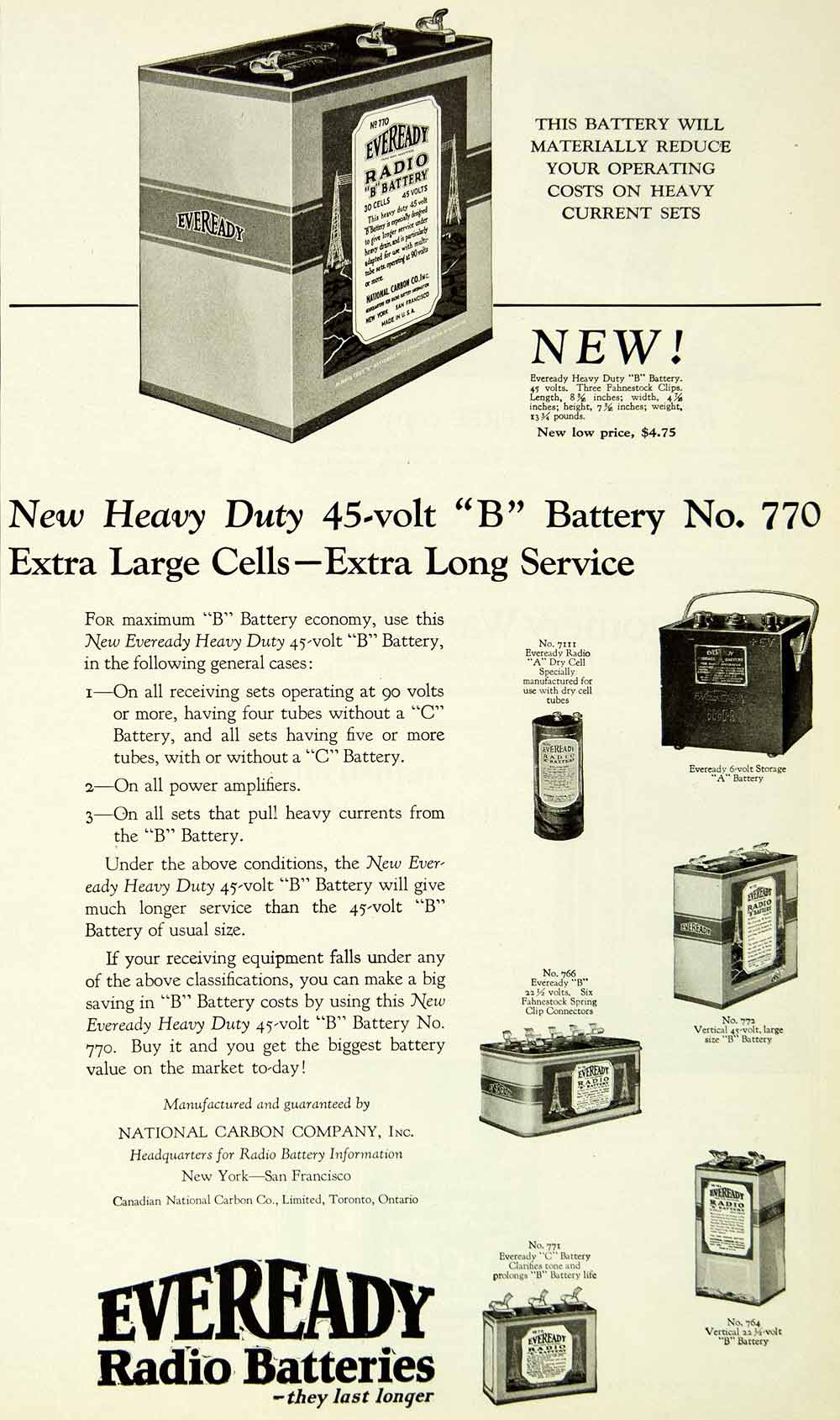 1924 Ad Eveready Radio Batteries National Carbon 45-volt B Battery No. 770 SCA4