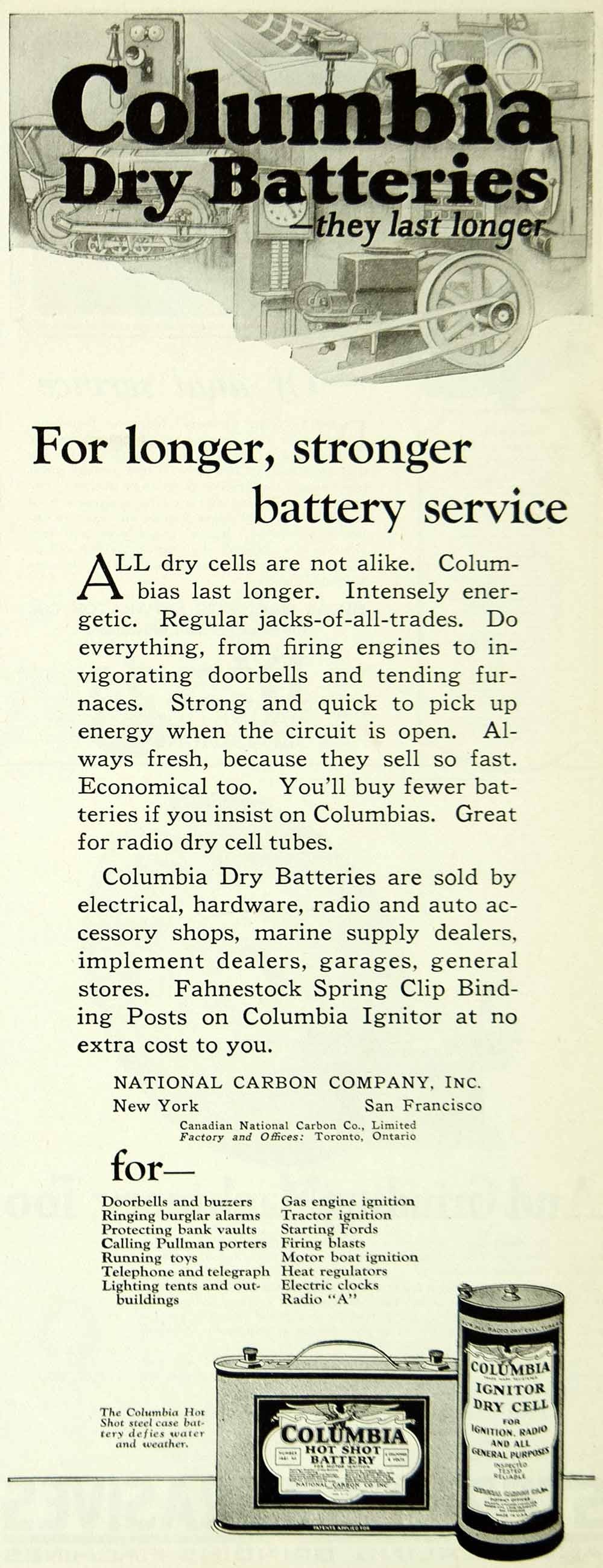 1924 Ad Columbia Dry Battery Canadian National Carbon Hot Shot Steel Case SCA4