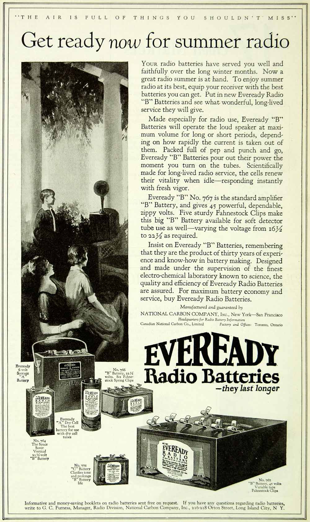 1924 Ad Eveready Radio B Batteries Canadian National Carbon Model 767 SCA4