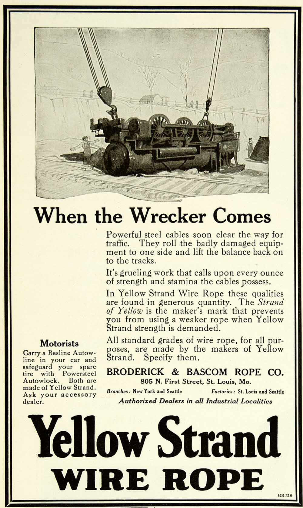 1924 Ad Yellow Strand Wire Rope Broderick Bascom Steel Cable Basline SCA4