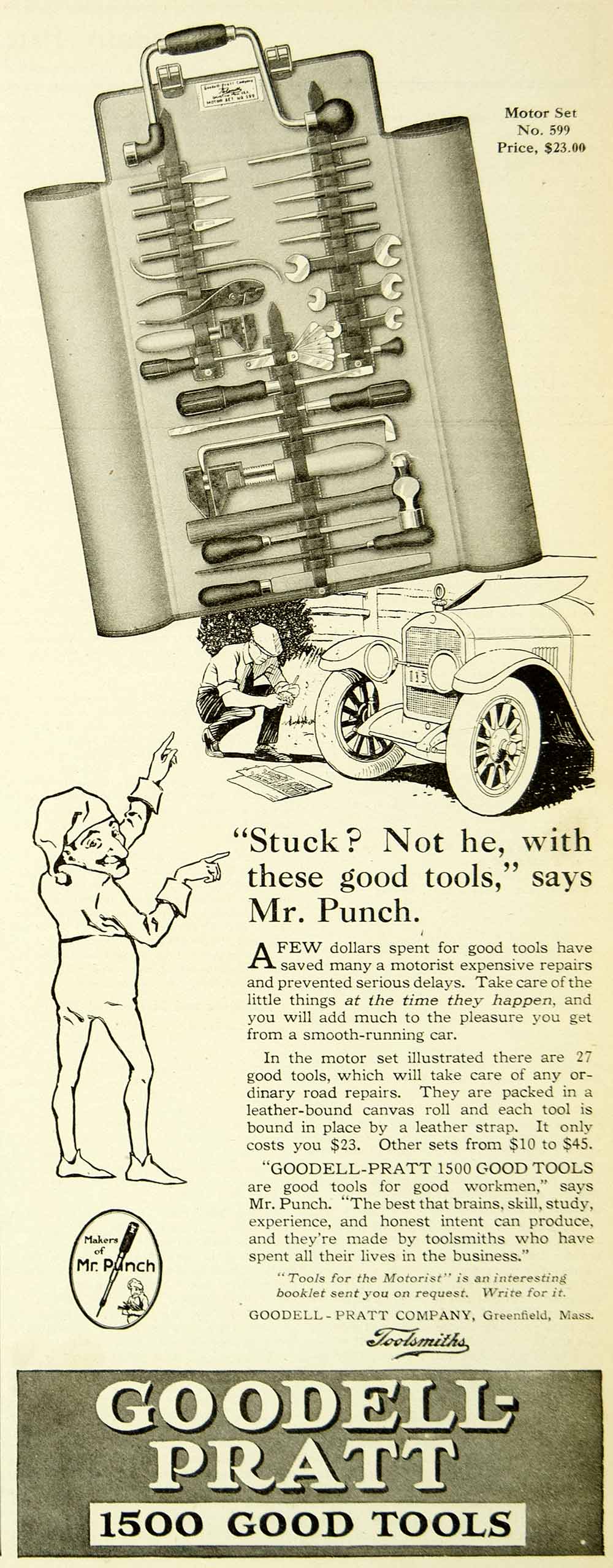 1921 Ad Goodell-Pratt Motorists Tool Set Toolsmiths Mr. Punch Mechanic SCA4