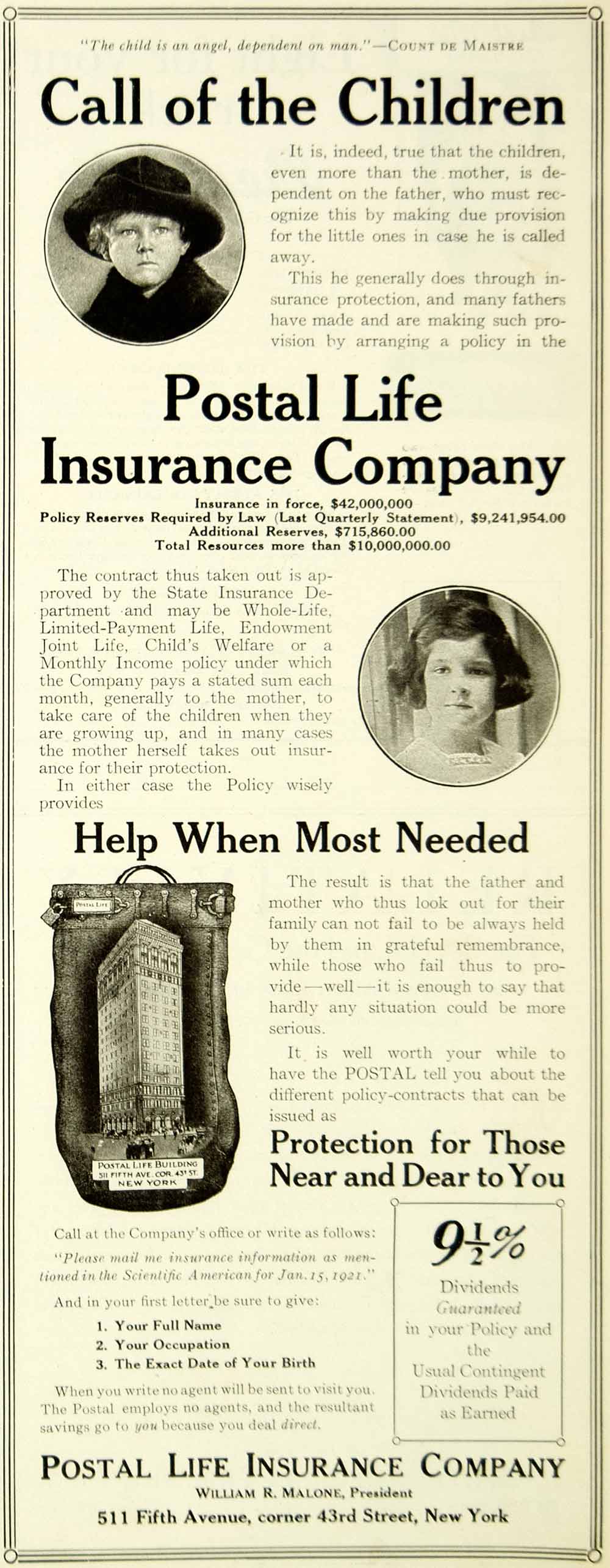 1921 Ad Postal Life Insurance Rates Policy Reserves Resources Whole-Life SCA4