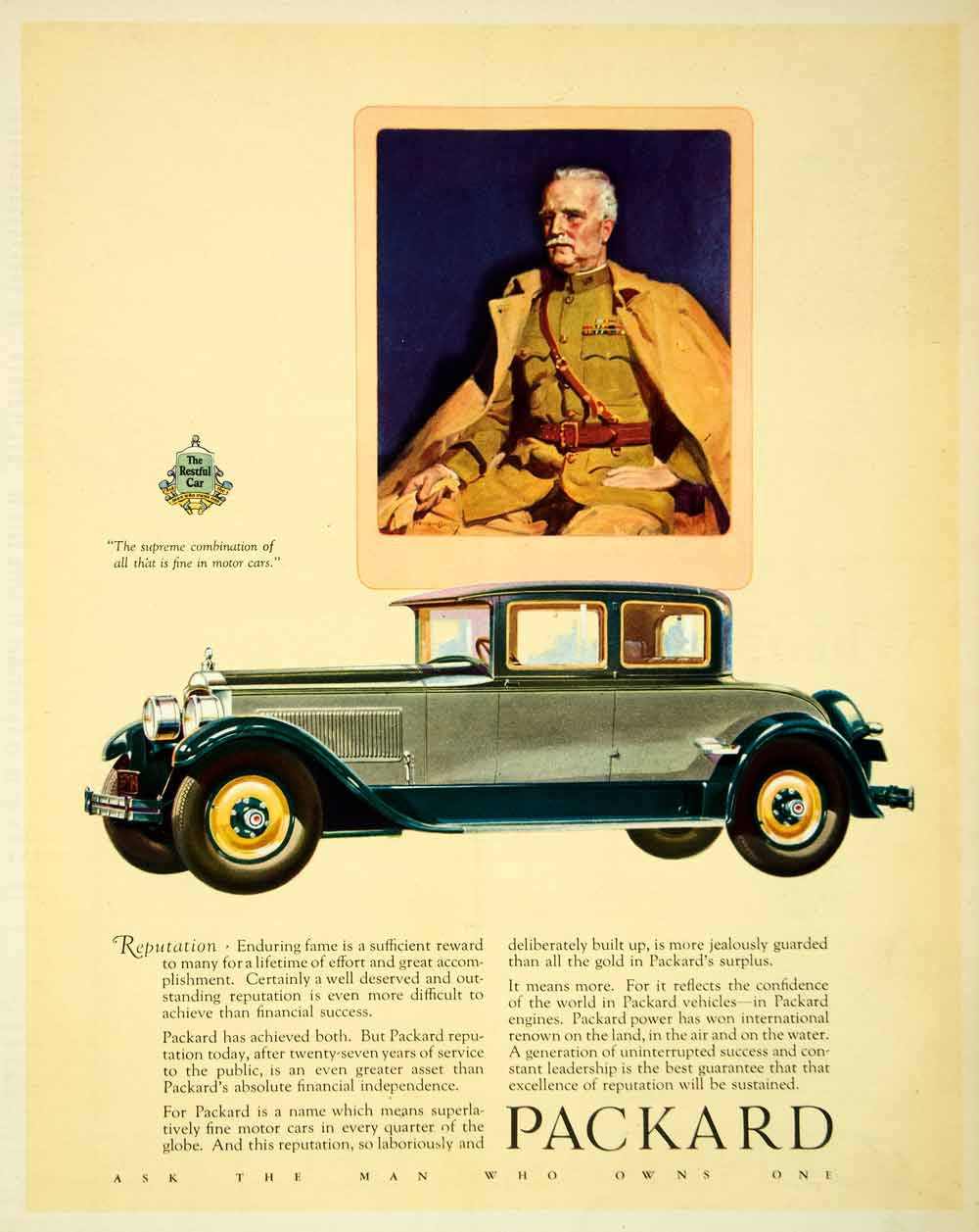 1927 Ad Antique Enclosed Packard Automobile Car Military Uniform Portrait SCA5 - Period Paper
