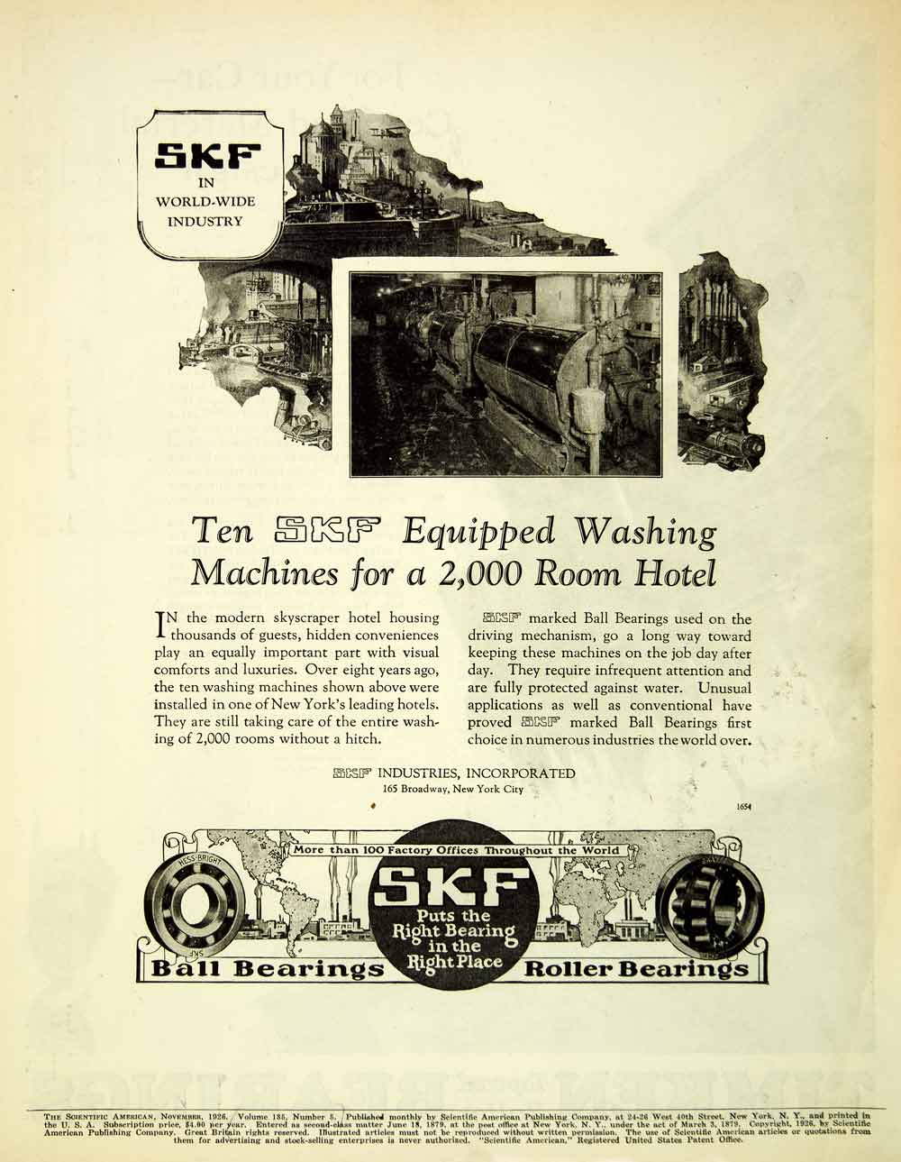 1926 Ad SKF Industrial Roller Ball Bearings Hotel Washing Machines SCA5