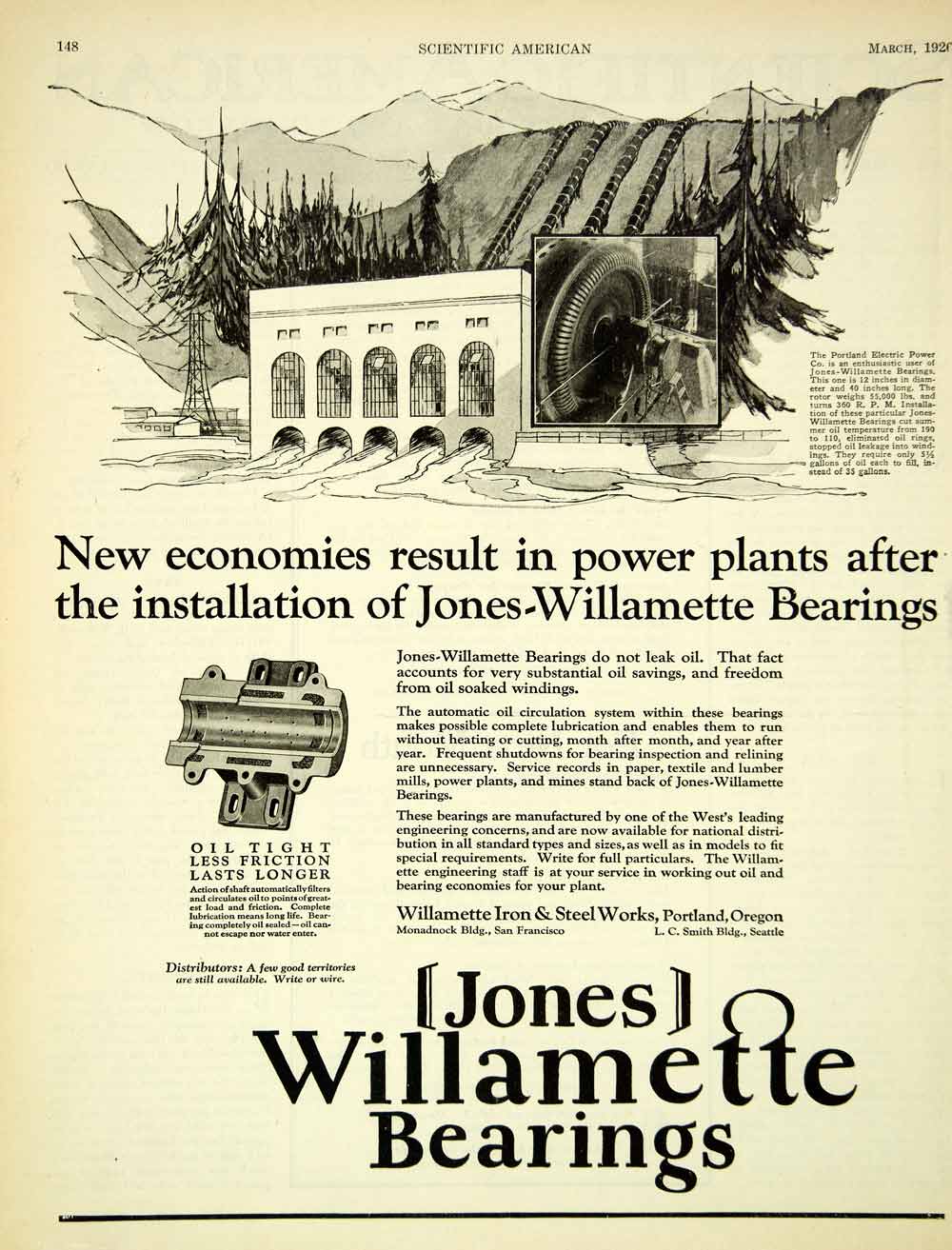 1926 Ad Jones Willamette Power Plant Bearings Portland Electric Enginering SCA5