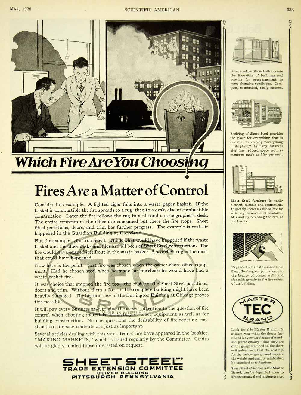 1926 Ad Office Cigar Fire Master Tec Brand Sheet Steel Trade Extension SCA5