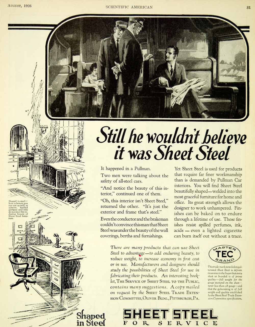 1926 Ad Sheet Steel Trade Extension Pullman Car Train Interiors Master Tec SCA5