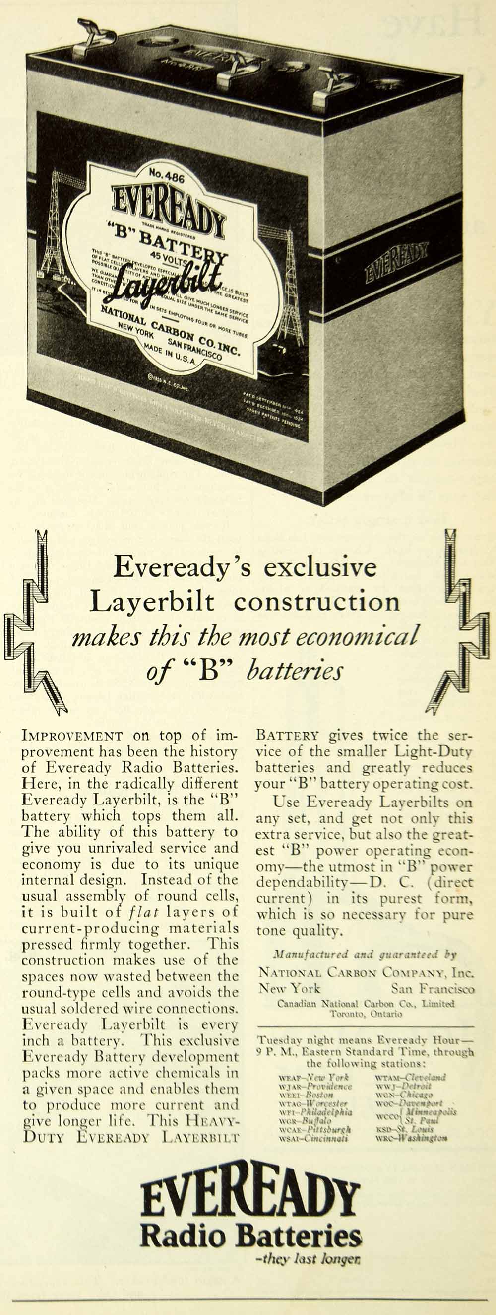 1926 Ad EveReady Heavy Duty Layerbilt Radio B Batteries National Carbon SCA5