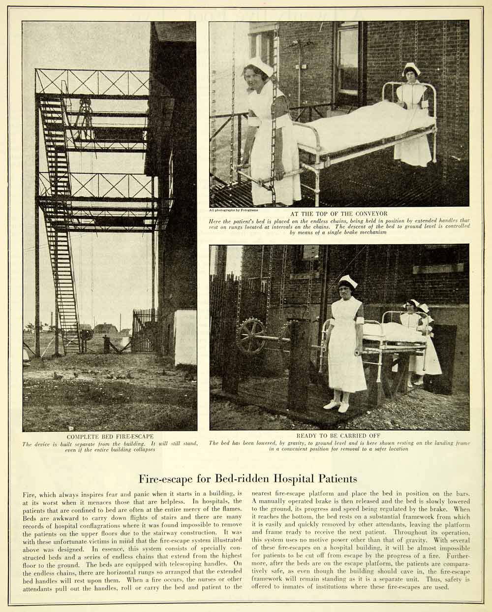 1926 Print Fire-Escape Bedridden Hospital Patients Elevator Elevator Nurse SCA5