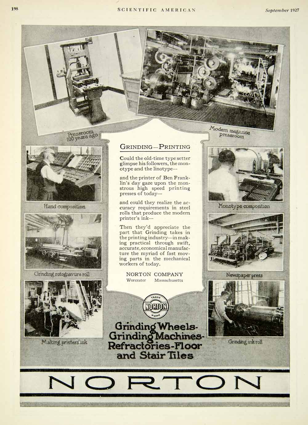 1927 Ad Norton Grinding Printing Worcester Massachusetts Pressroom Magazine SCA6